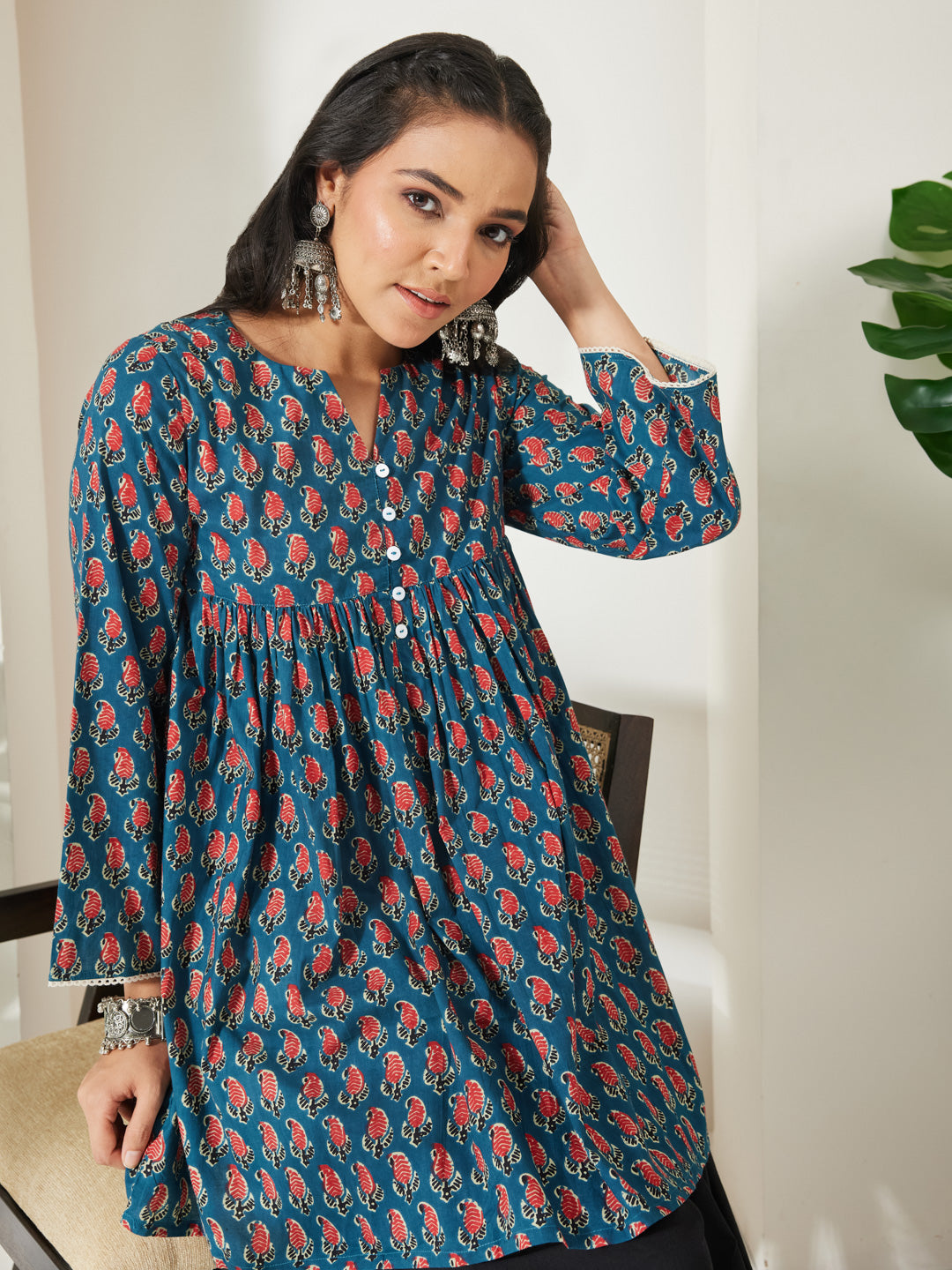 Janasya Women's Teal Blue Pure Cotton Paisley Printed A-Line Tunic