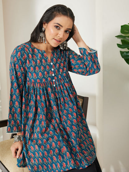 Janasya Women's Teal Blue Pure Cotton Paisley Printed A-Line Tunic