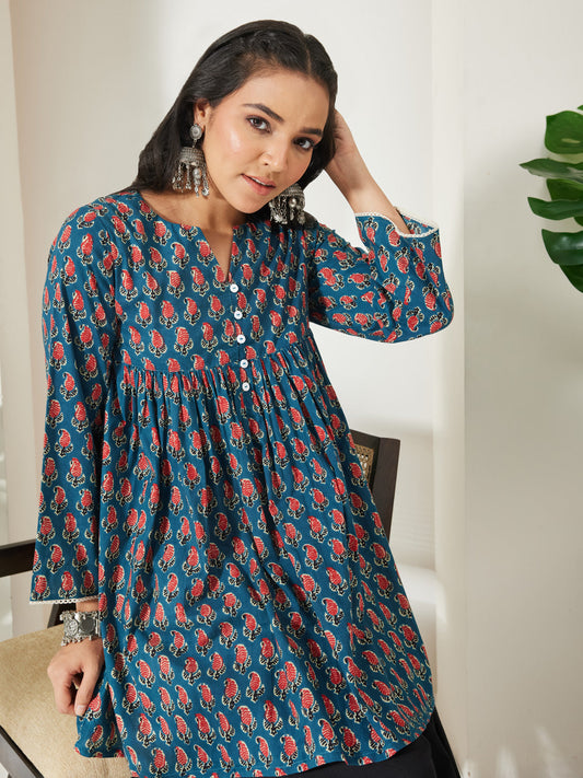 Janasya Women's Teal Blue Pure Cotton Paisley Printed A-Line Tunic