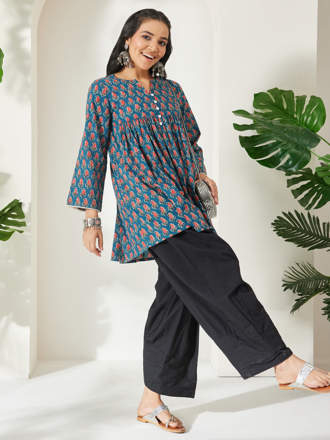 Janasya Women's Teal Blue Pure Cotton Paisley Printed A-Line Tunic
