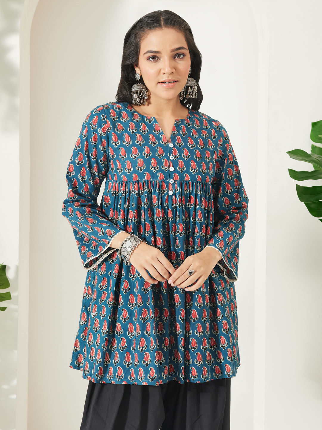 Janasya Women's Teal Blue Pure Cotton Paisley Printed A-Line Tunic