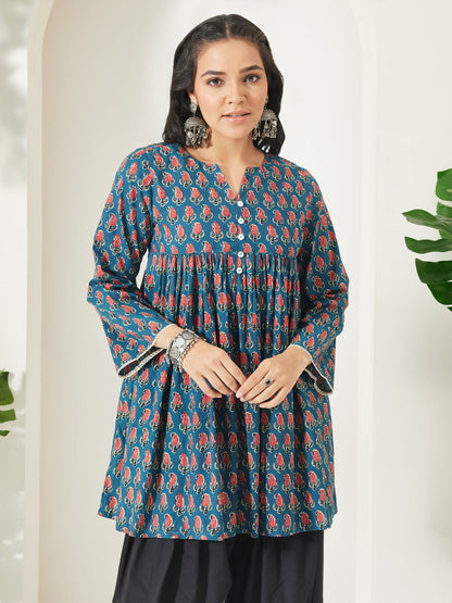 Janasya Women's Teal Blue Pure Cotton Paisley Printed A-Line Tunic
