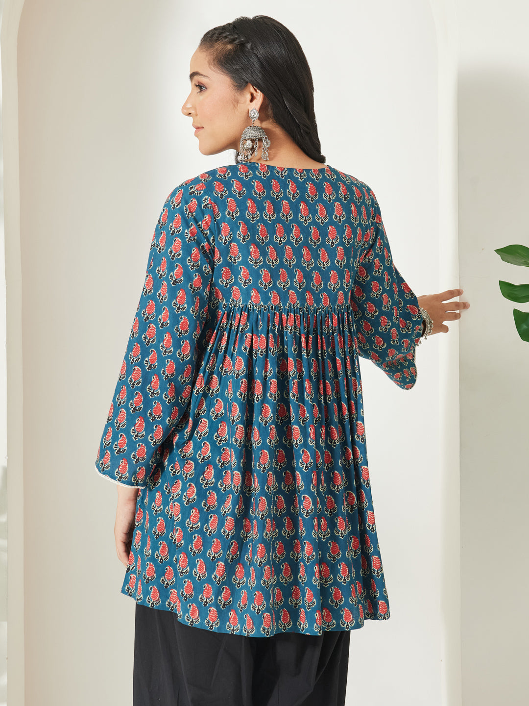 Janasya Women's Teal Blue Pure Cotton Paisley Printed A-Line Tunic