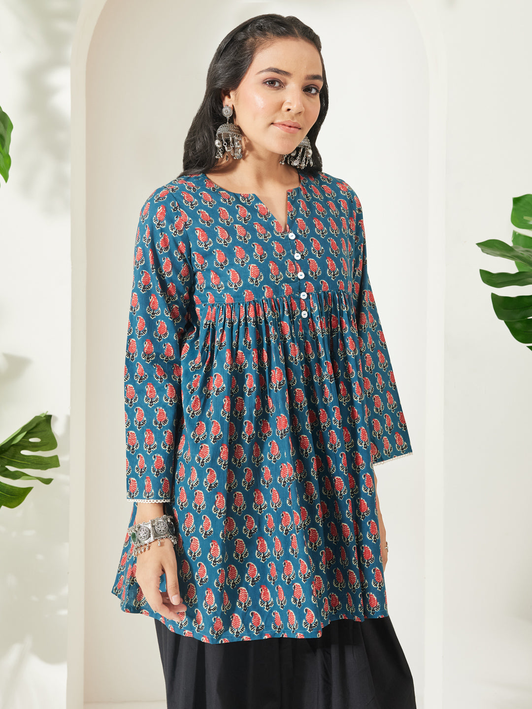 Janasya Women's Teal Blue Pure Cotton Paisley Printed A-Line Tunic