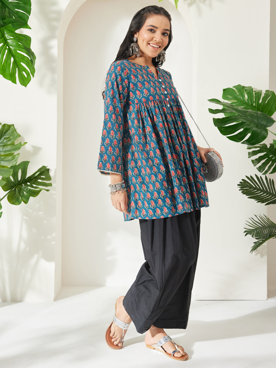 Janasya Women's Teal Blue Pure Cotton Paisley Printed A-Line Tunic