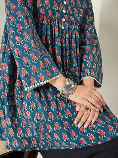 Janasya Women's Teal Blue Pure Cotton Paisley Printed A-Line Tunic