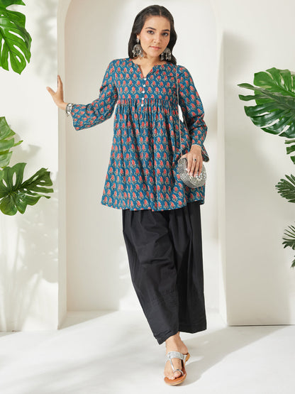 Janasya Women's Teal Blue Pure Cotton Paisley Printed A-Line Tunic