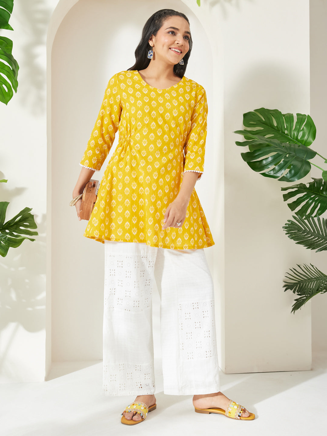 Janasya Women's Yellow Pure Cotton Ethnic Motifs Printed A-Line Tunic
