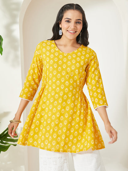 Janasya Women's Yellow Pure Cotton Ethnic Motifs Printed A-Line Tunic