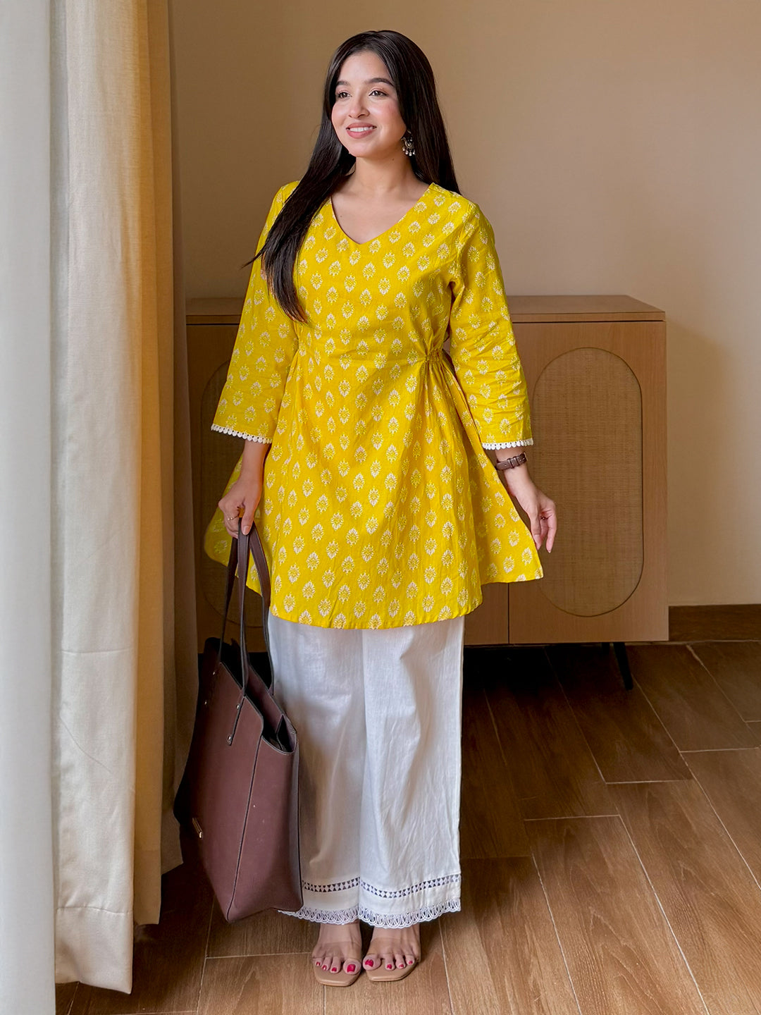 Janasya Women's Yellow Pure Cotton Ethnic Motifs Printed A-Line Tunic