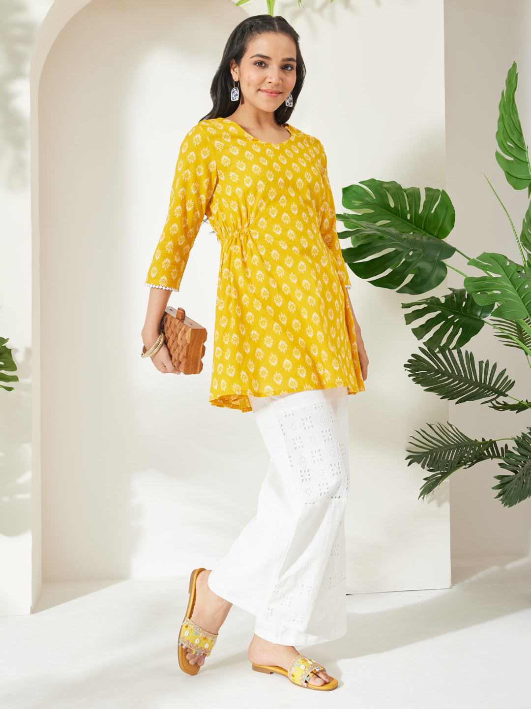 Janasya Women's Yellow Pure Cotton Ethnic Motifs Printed A-Line Tunic