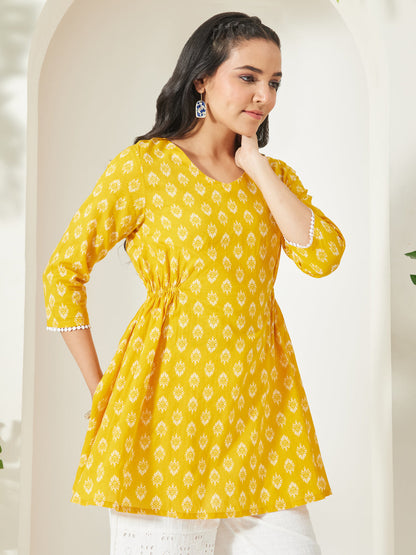 Janasya Women's Yellow Pure Cotton Ethnic Motifs Printed A-Line Tunic