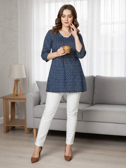 Janasya Women's Indigo Pure Cotton Ethnic Motifs Printed Straight Tunic