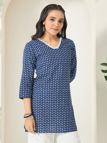 Janasya Women's Indigo Pure Cotton Ethnic Motifs Printed Straight Tunic