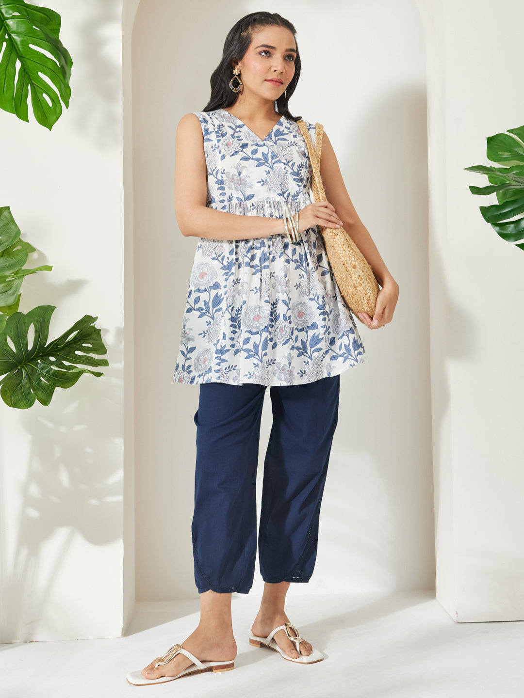 Janasya Women's White Pure Cotton Floral Printed A-Line Tunic
