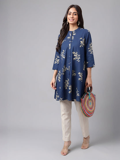Janasya Women's Navy Blue Pure Cotton Floral Printed A-Line Tunic