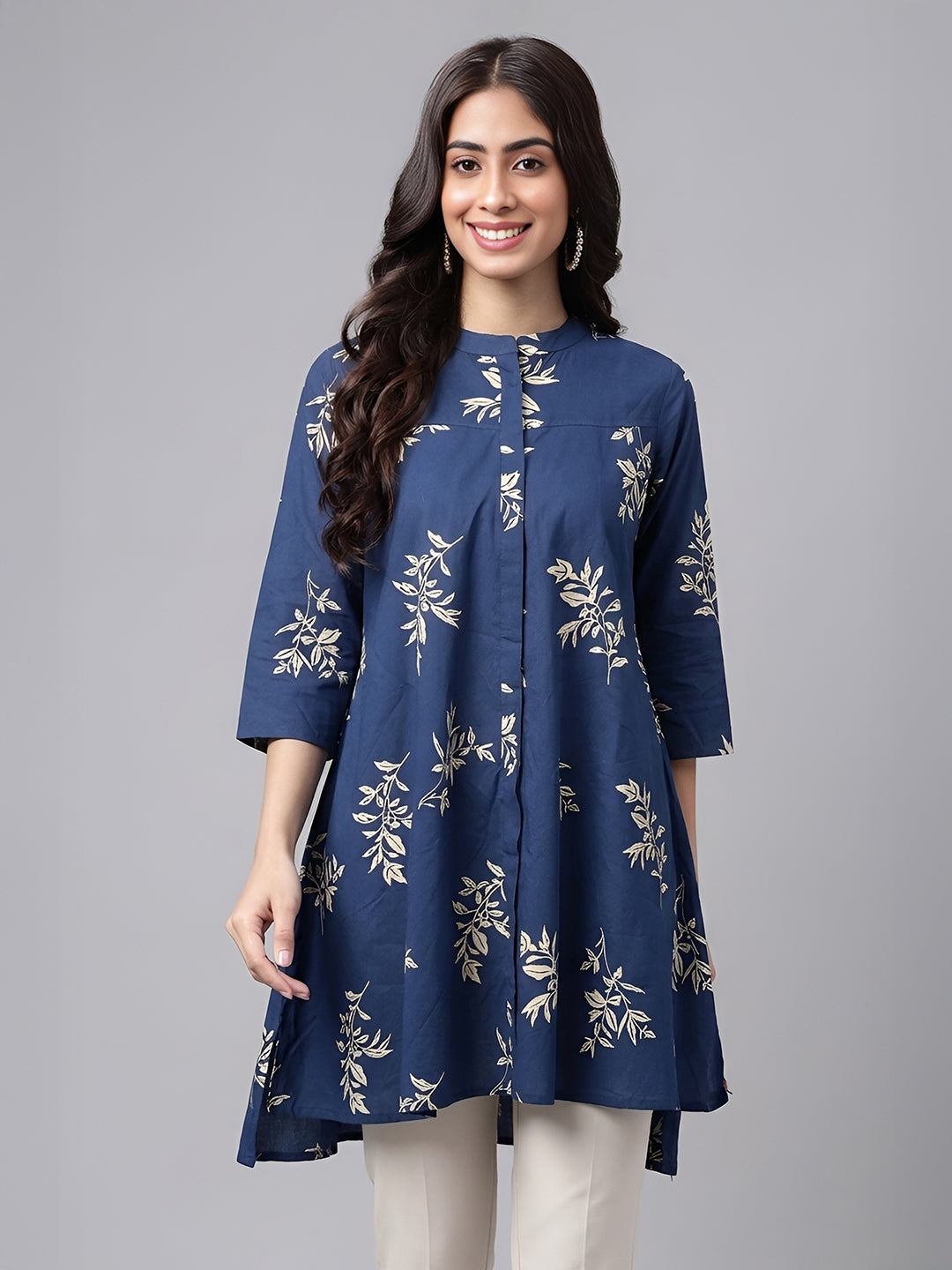 Janasya Women's Navy Blue Pure Cotton Floral Printed A-Line Tunic
