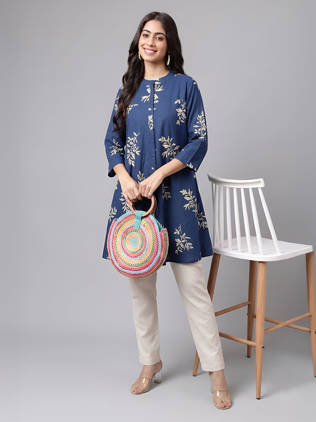 Janasya Women's Navy Blue Pure Cotton Floral Printed A-Line Tunic