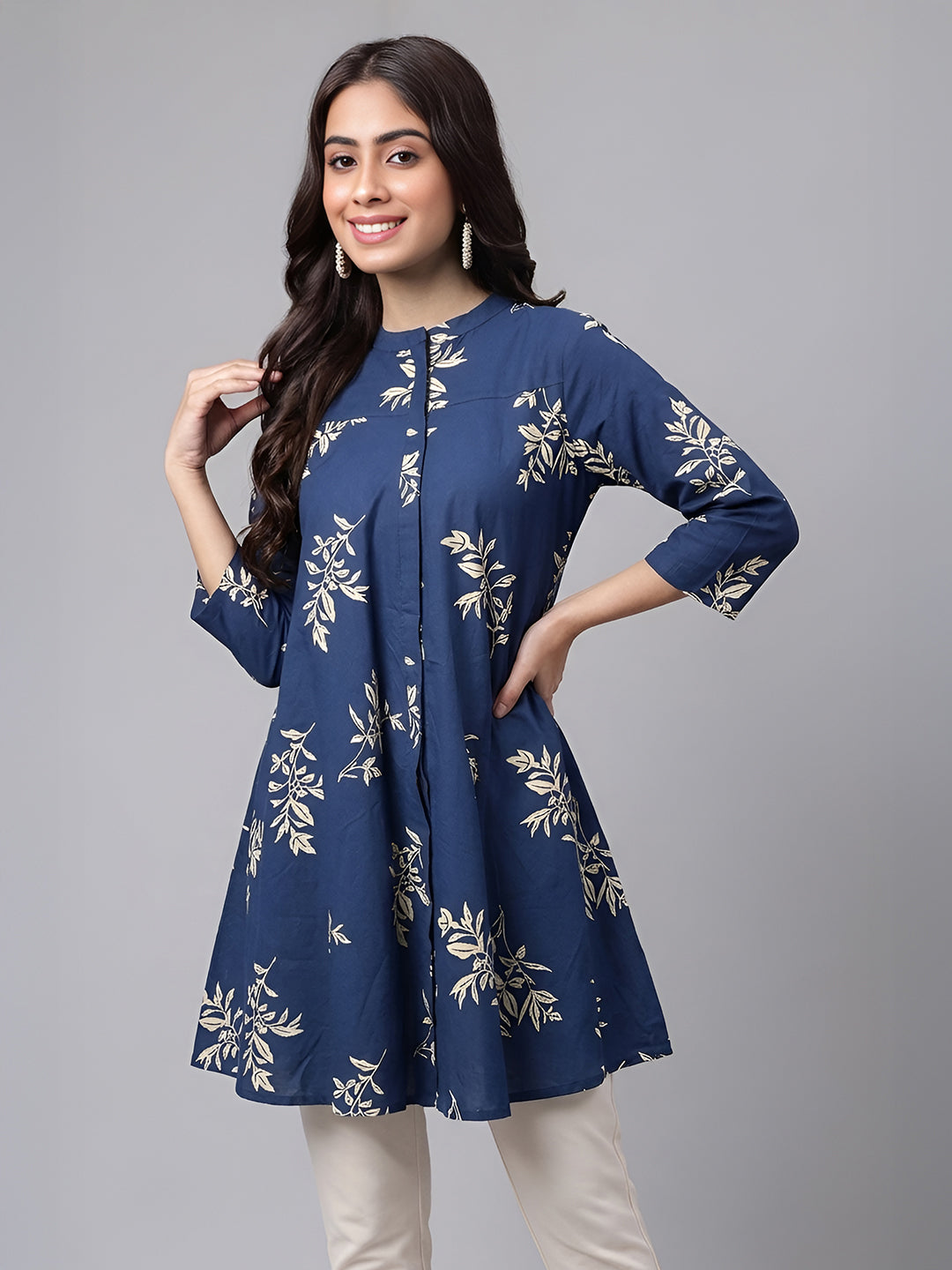 Janasya Women's Navy Blue Pure Cotton Floral Printed A-Line Tunic