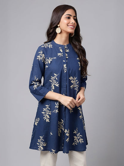 Janasya Women's Navy Blue Pure Cotton Floral Printed A-Line Tunic