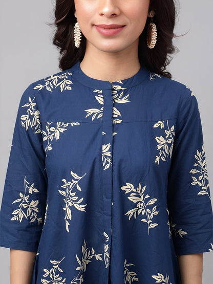 Janasya Women's Navy Blue Pure Cotton Floral Printed A-Line Tunic