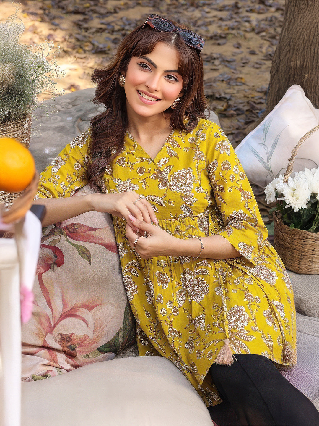 Janasya Women's Mustard Yellow Pure Cotton Floral Printed Wrap A-Line Tunic
