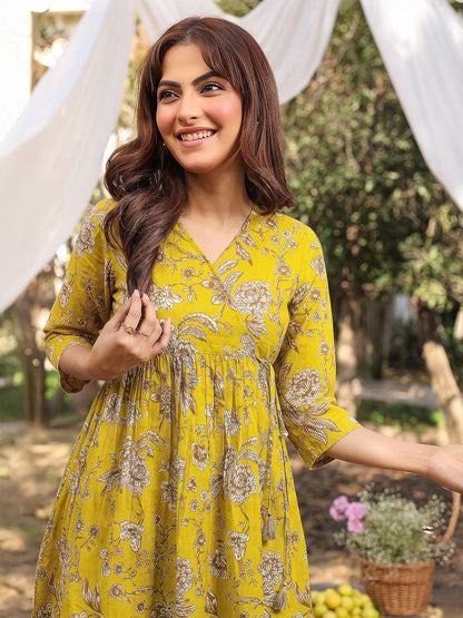 Janasya Women's Mustard Yellow Pure Cotton Floral Printed Wrap A-Line Tunic