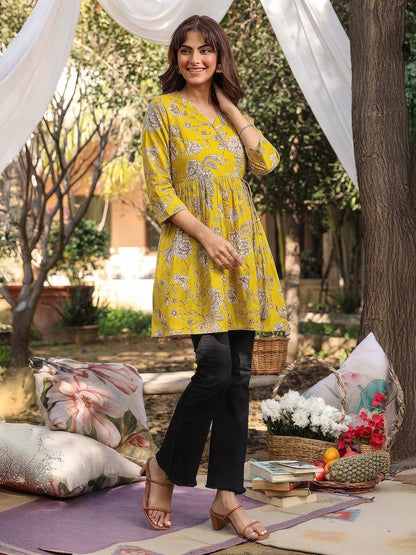 Janasya Women's Mustard Yellow Pure Cotton Floral Printed Wrap A-Line Tunic