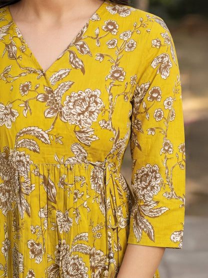 Janasya Women's Mustard Yellow Pure Cotton Floral Printed Wrap A-Line Tunic