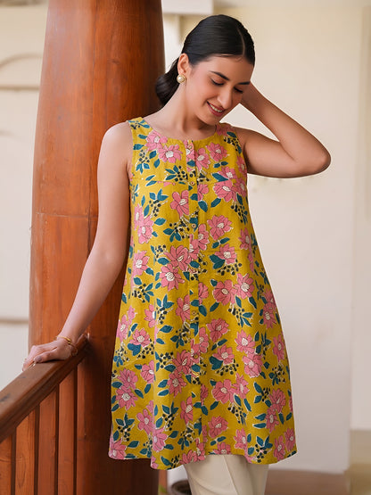 Janasya Women's Yellow Pure Cotton Floral Printed A-Line Tunic