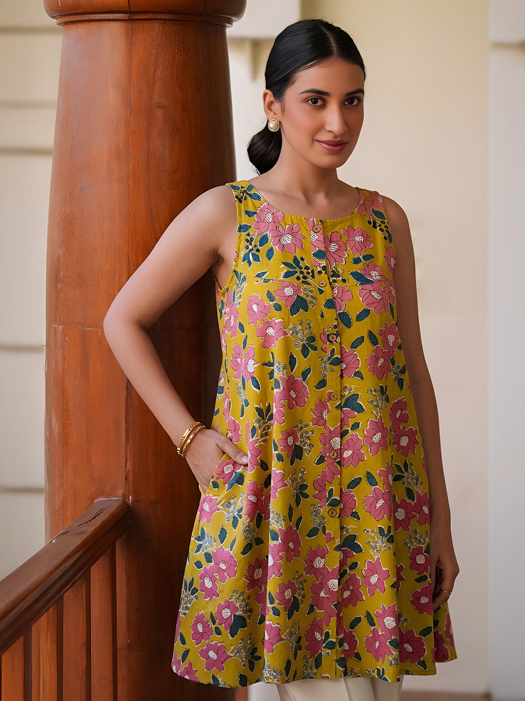 Janasya Women's Yellow Pure Cotton Floral Printed A-Line Tunic