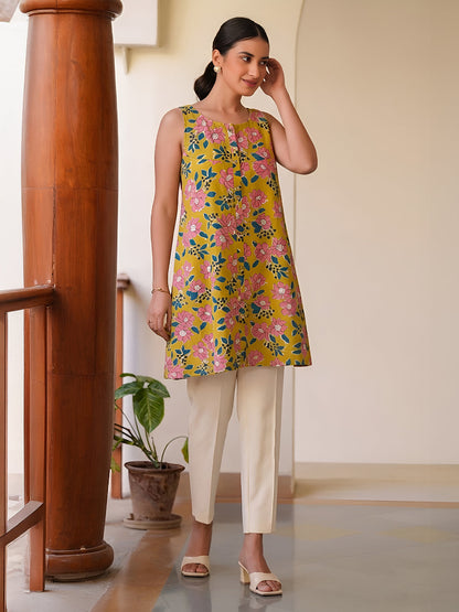 Janasya Women's Yellow Pure Cotton Floral Printed A-Line Tunic
