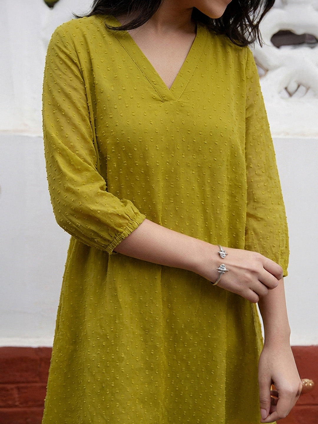 Janasya Women's Lime Green Dobby Chiffon Solid A-Line Tunic