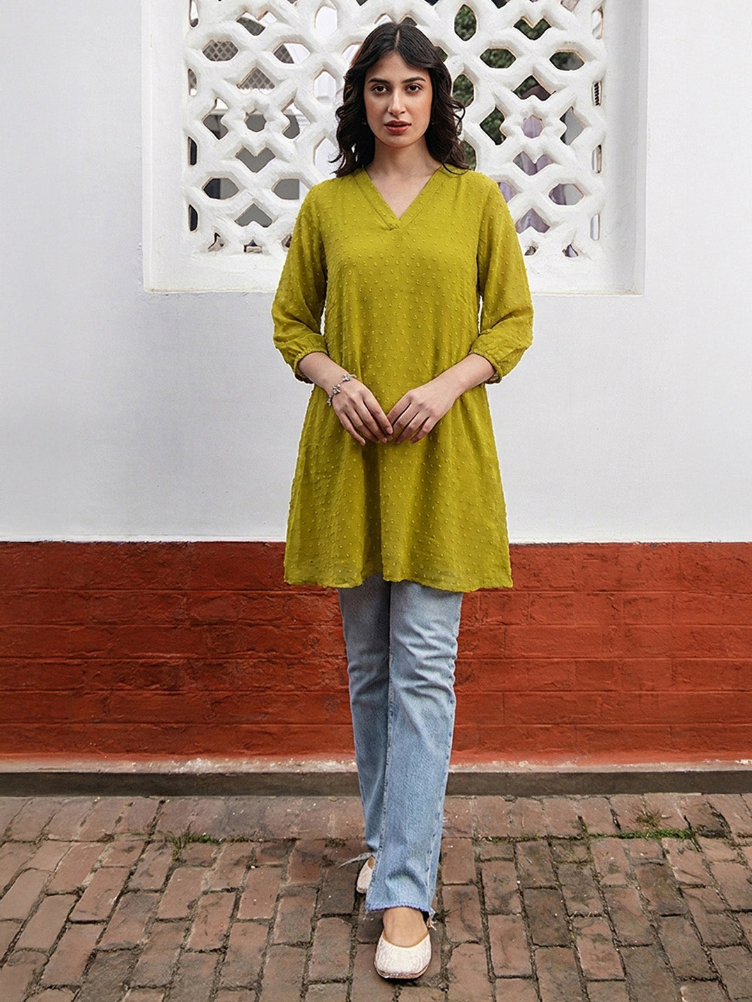 Janasya Women's Lime Green Dobby Chiffon Solid A-Line Tunic