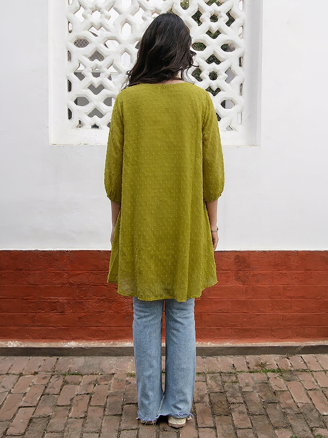 Janasya Women's Lime Green Dobby Chiffon Solid A-Line Tunic