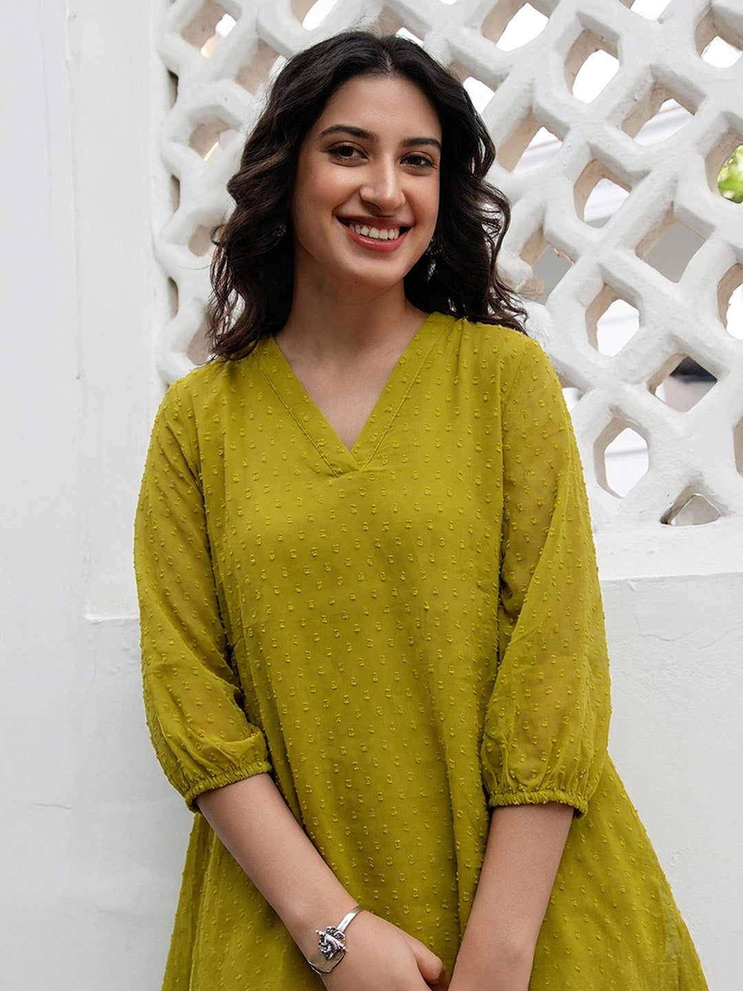 Janasya Women's Lime Green Dobby Chiffon Solid A-Line Tunic