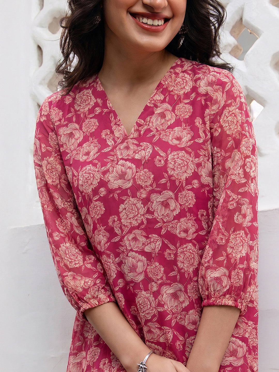 Janasya Women's Pink Georgette Floral Printed A-Line Tunic