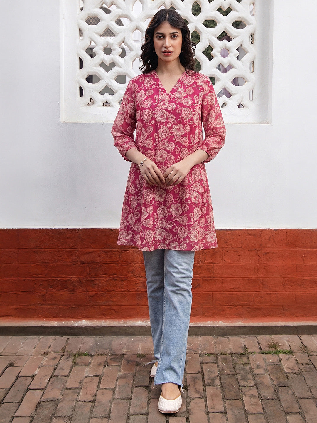 Janasya Women's Pink Georgette Floral Printed A-Line Tunic