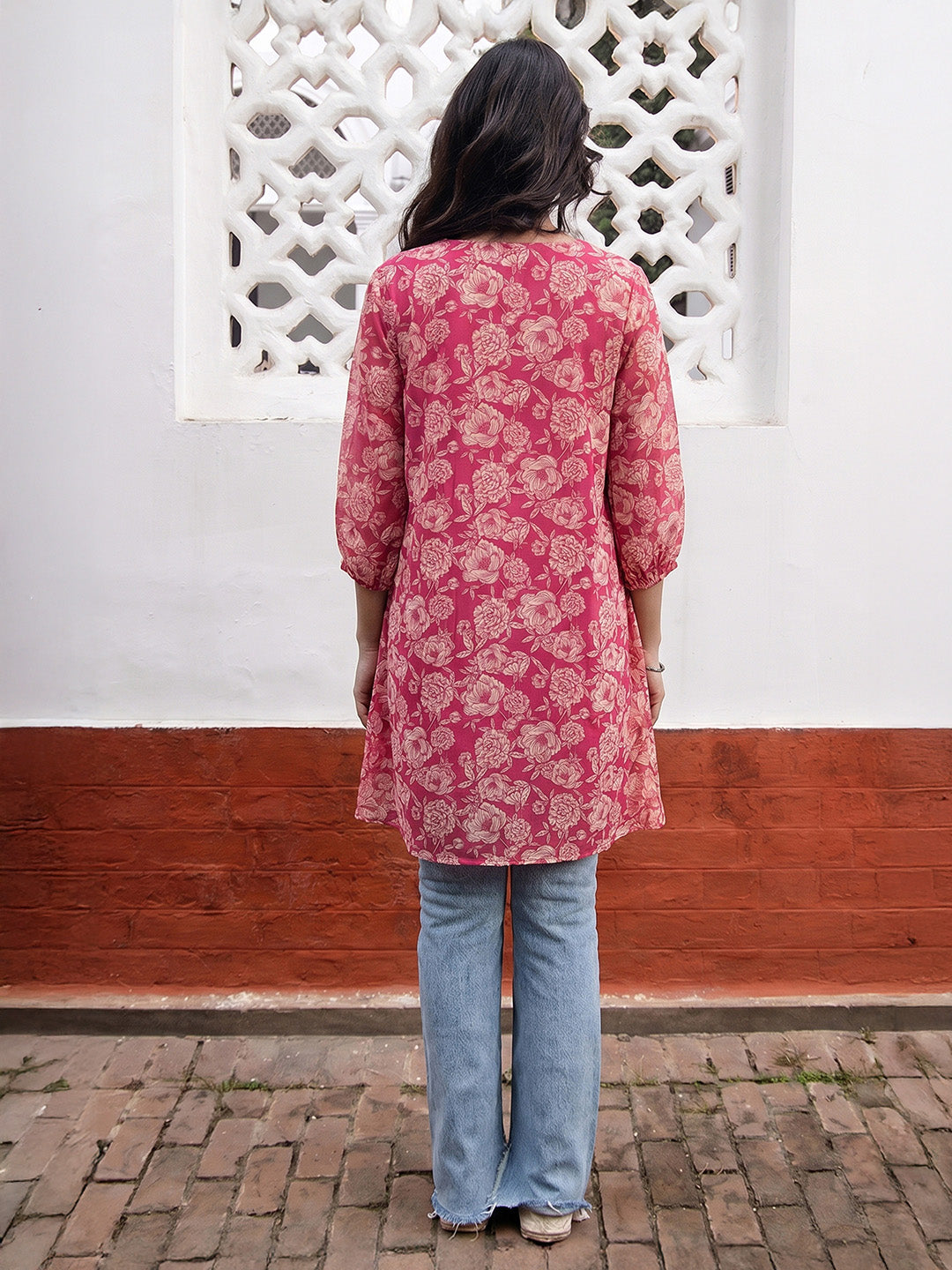 Janasya Women's Pink Georgette Floral Printed A-Line Tunic