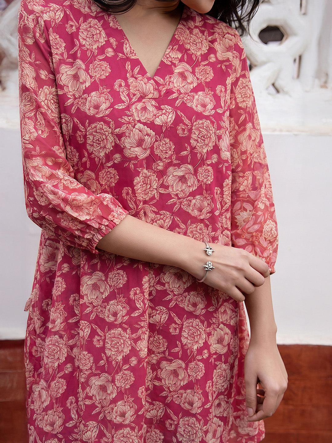 Janasya Women's Pink Georgette Floral Printed A-Line Tunic