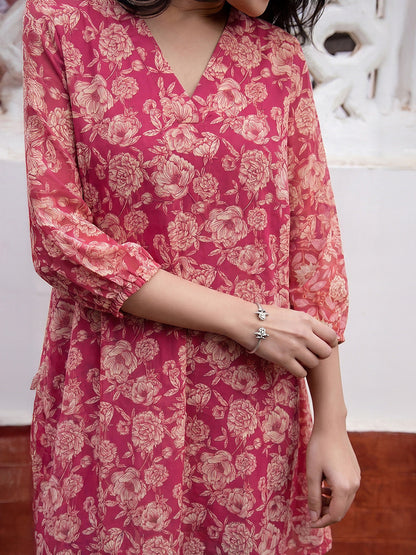 Janasya Women's Pink Georgette Floral Printed A-Line Tunic