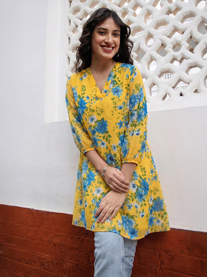 Janasya Women's Yellow Georgette Floral Printed A-Line Tunic