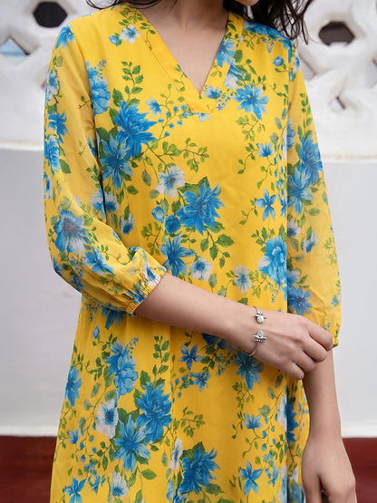 Janasya Women's Yellow Georgette Floral Printed A-Line Tunic