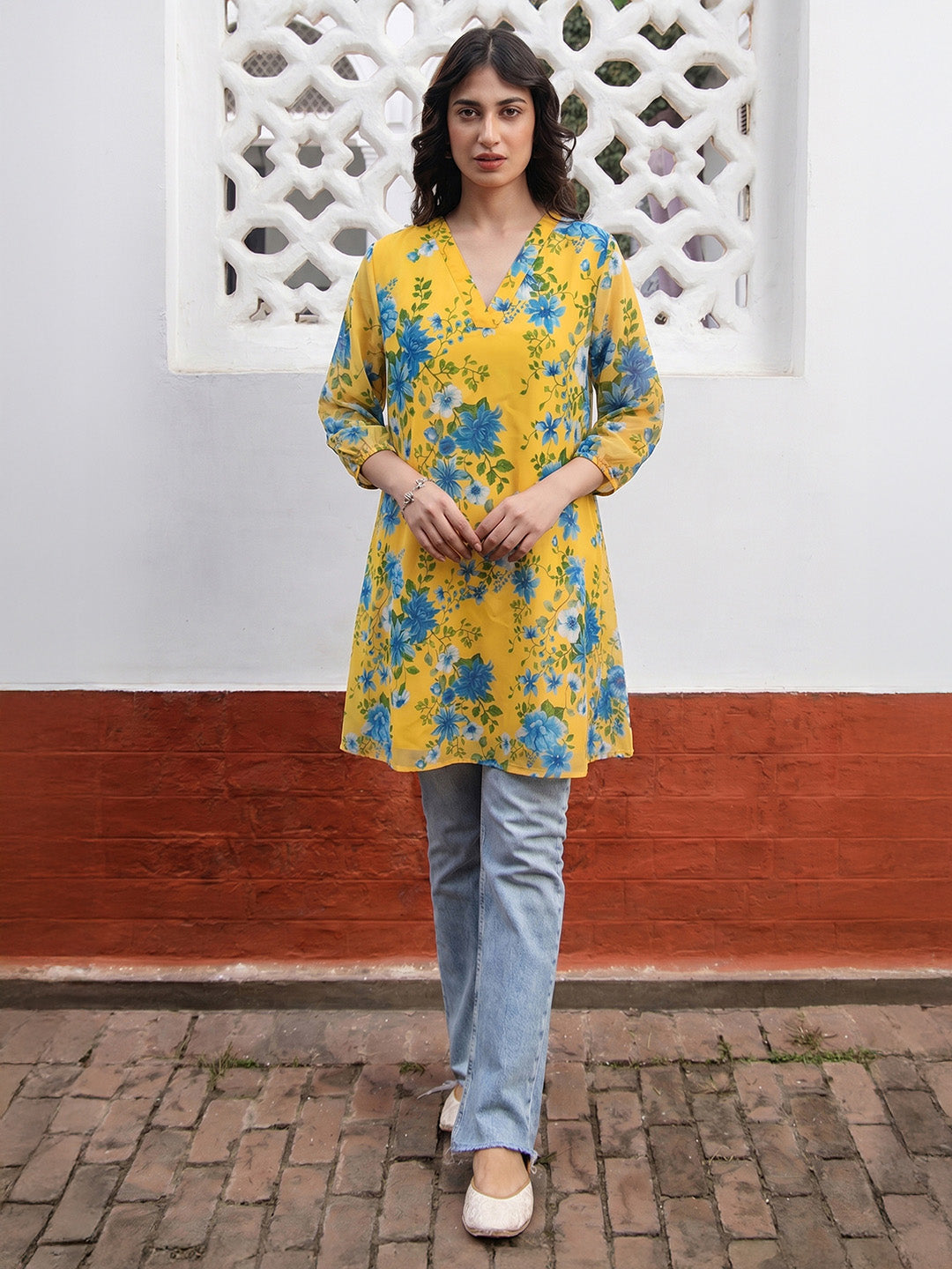 Janasya Women's Yellow Georgette Floral Printed A-Line Tunic