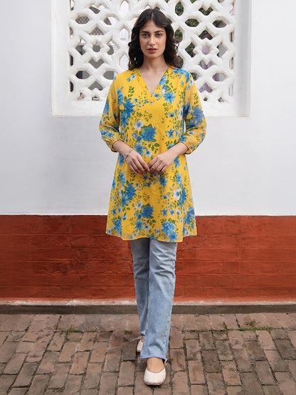 Janasya Women's Yellow Georgette Floral Printed A-Line Tunic
