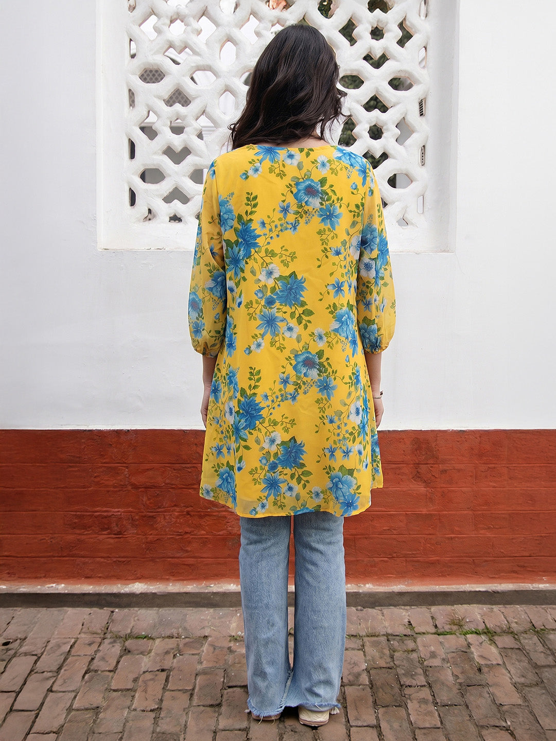 Janasya Women's Yellow Georgette Floral Printed A-Line Tunic