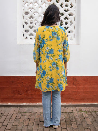 Janasya Women's Yellow Georgette Floral Printed A-Line Tunic