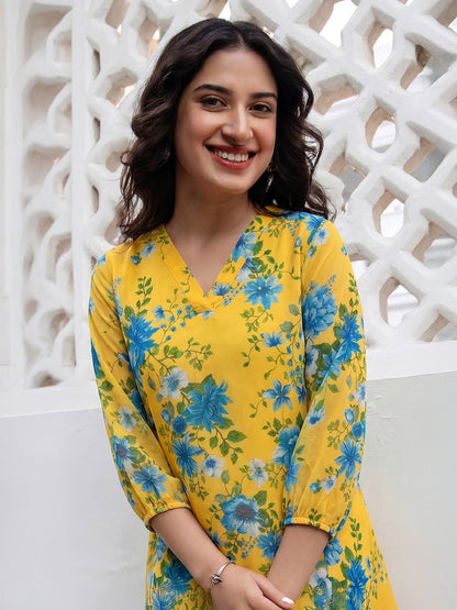Janasya Women's Yellow Georgette Floral Printed A-Line Tunic