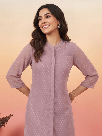 Janasya Women's Lavender Dobby Chiffon Solid A-Line Tunic