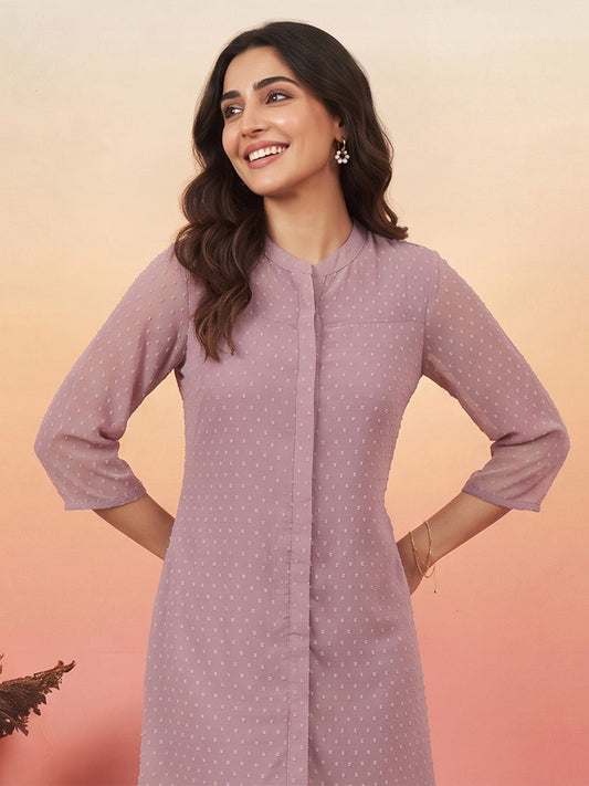 Janasya Women's Lavender Dobby Chiffon Solid A-Line Tunic